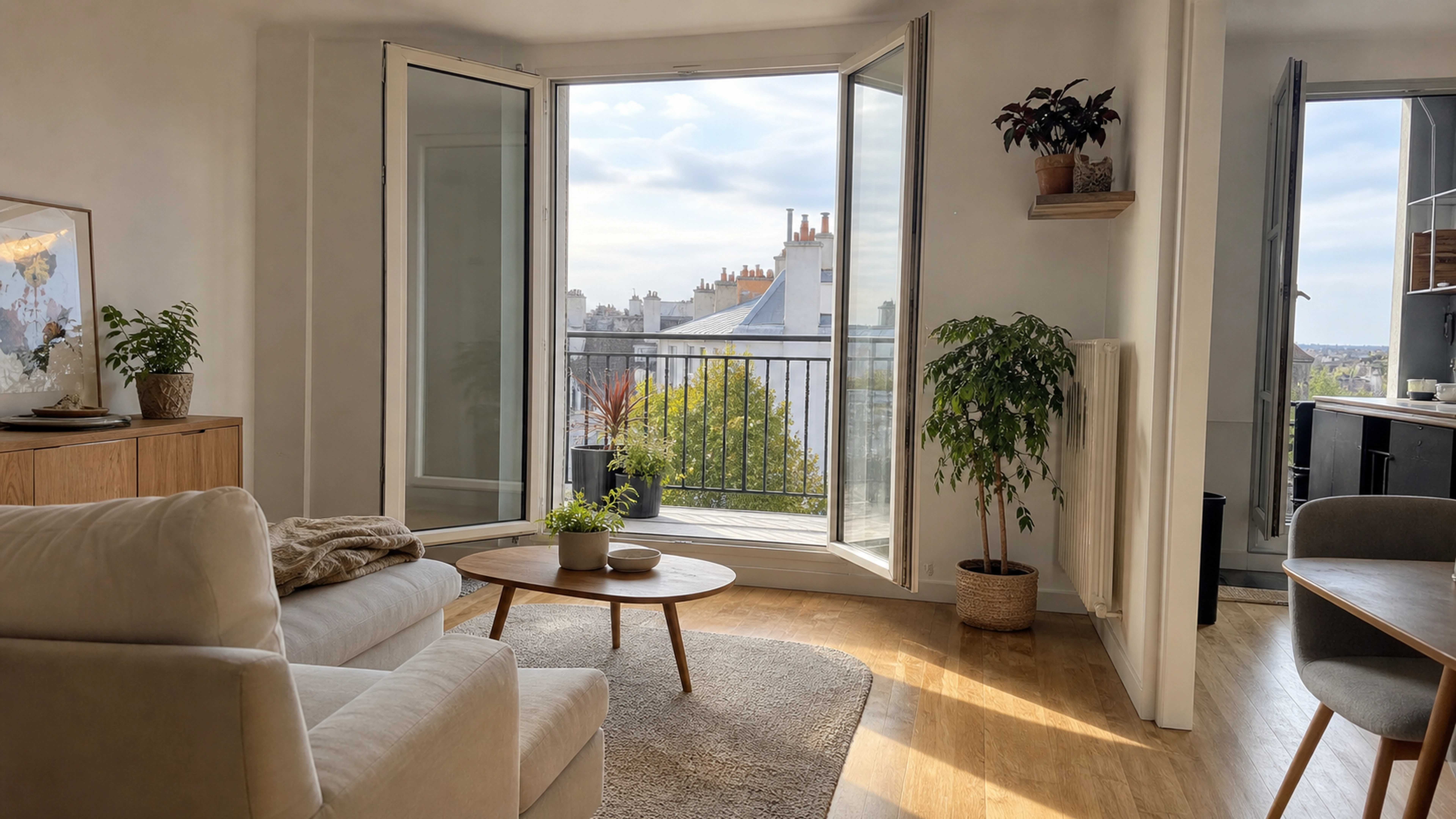 Séjour lumineux d'un appartement à vendre à Nantes avec balcon sur les toits de la ville