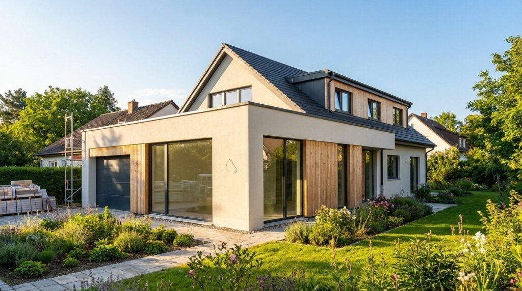 Extension moderne d'une maison avec garage intégré, grandes fenêtres, revêtement en bois et enduit, entourée d'un jardin luxuriant au soleil.