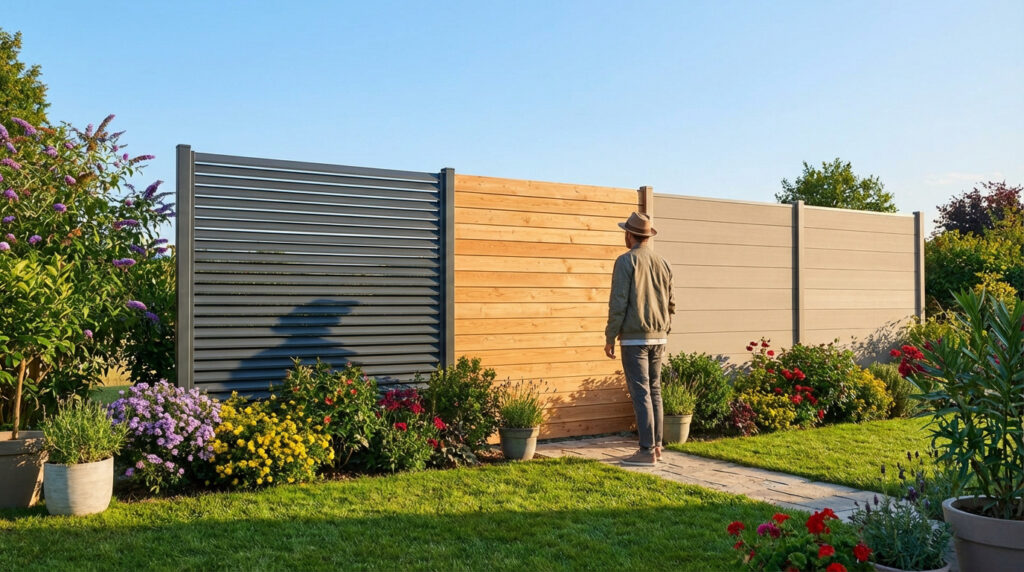 Homme dans un jardin verdoyant examinant une clôture composée de sections : lattes grises, bois naturel et composite beige.