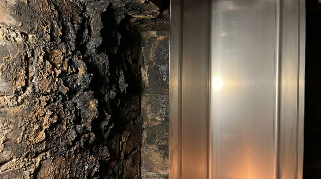 Photo en deux parties: conduit de cheminée encrassé de bistre à gauche, et tubage métallique neuf et propre à droite.