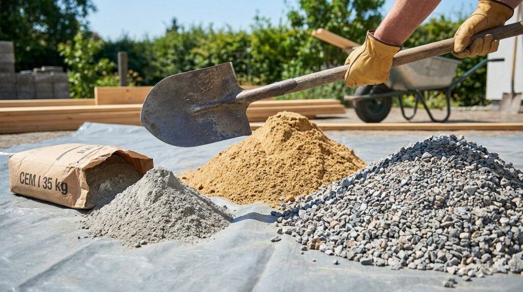 Une personne tient une pelle au-dessus de piles de ciment, sable et gravier sur une bâche, pour préparer du béton.