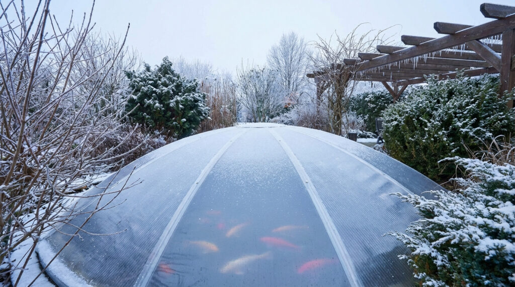 Bassin de jardin couvert d'une coque transparente en hiver. Des poissons colorés nagent en dessous. Arbres et arbustes sont enneigés.