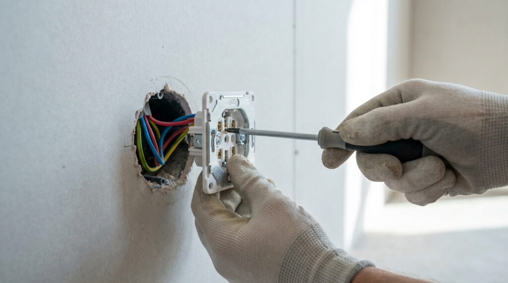 Gros plan sur l'installation d'une prise électrique murale par un ouvrier ganté, vissant le mécanisme dans du placo.