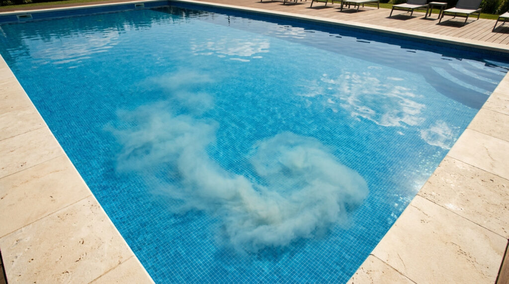 Piscine à carreaux bleus avec un nuage de sédiments blanchâtres au fond, bordée de dalles claires et d'une terrasse en bois.