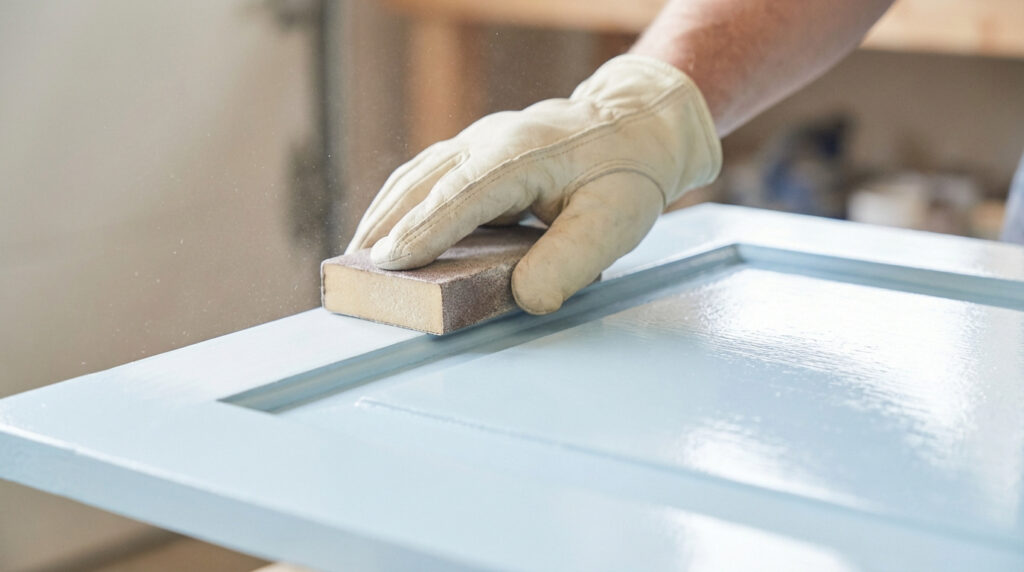 Main gantée ponçant une surface peinte en bleu clair avec un bloc de ponçage, des particules de poussière s'échappent.