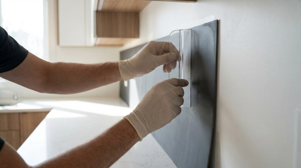 Mains gantées installant une crédence adhésive foncée sur un mur de cuisine moderne, utilisant une raclette transparente.