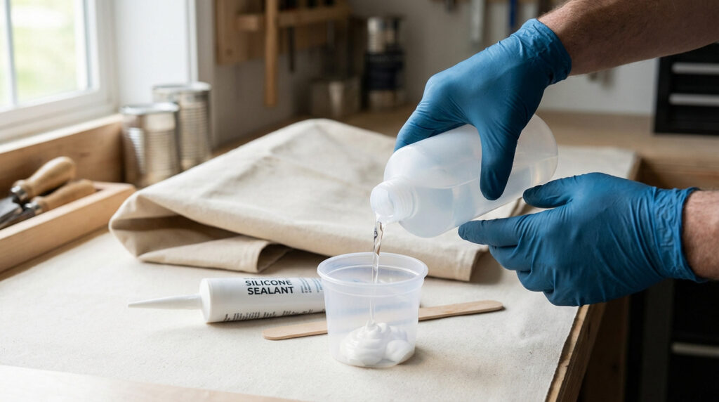 Mains gantées versant du diluant dans du silicone. Préparation pour imperméabiliser un tissu beige visible sur la table.