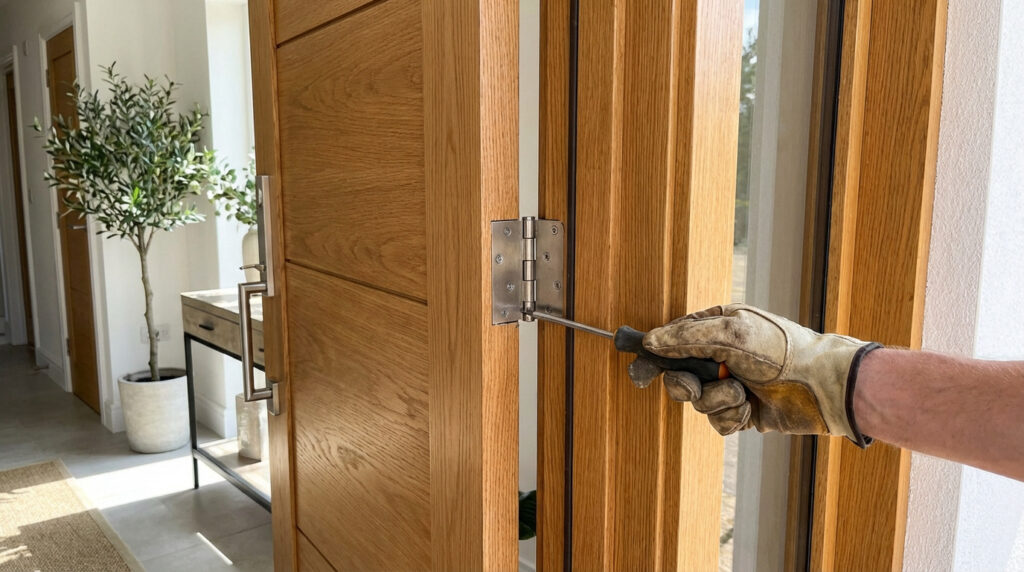 Main gantée ajustant une charnière de porte en bois avec un tournevis, avec un hall moderne en arrière-plan.