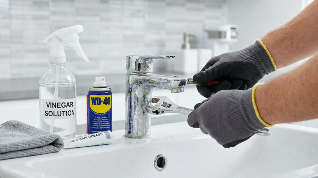 Mains gantées réparant un robinet entartré avec une clé et d'autres outils. À côté : vinaigre, WD-40, graisse silicone.