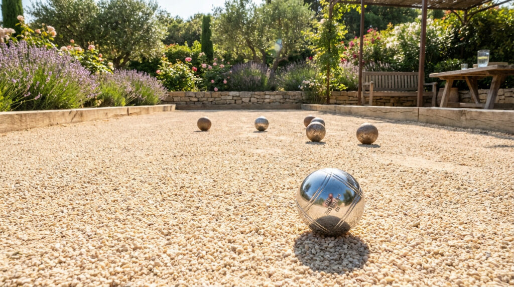 Terrain de pétanque en dolomie clair sous le soleil, avec des boules, bordé par un jardin méditerranéen luxuriant et une pergola.