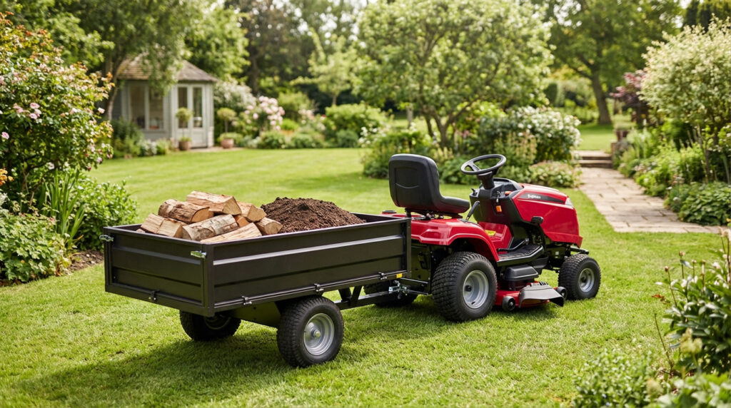 Tondeuse autoportée rouge avec remorque noire chargée de bois et de terre dans un jardin verdoyant.