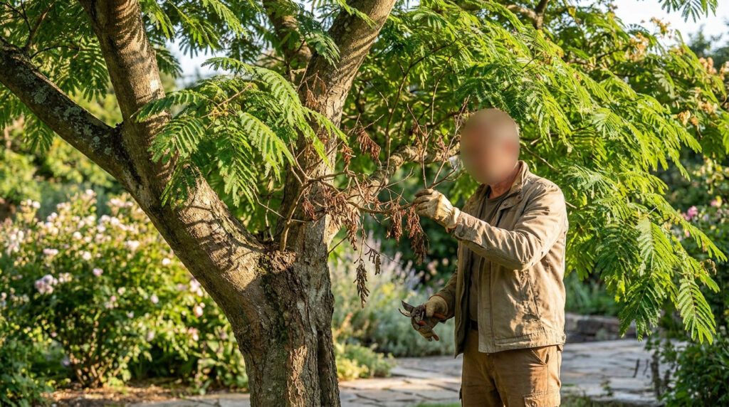 Un jardinier inspecte les branches sèches d'un Albizia avec un sécateur.