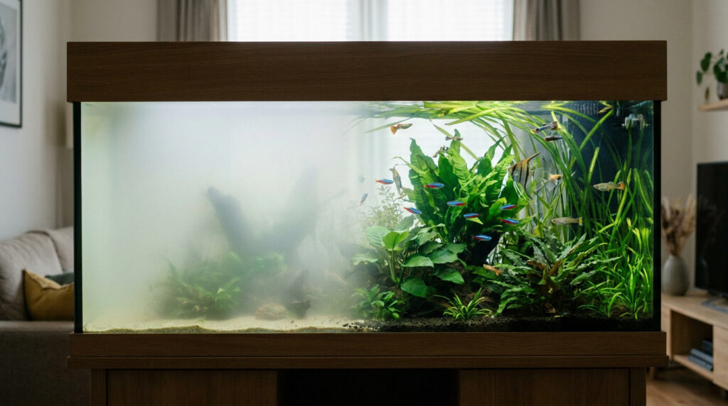 Un aquarium d'eau douce dont la moitié gauche est trouble et laiteuse, tandis que la droite est claire avec des poissons.