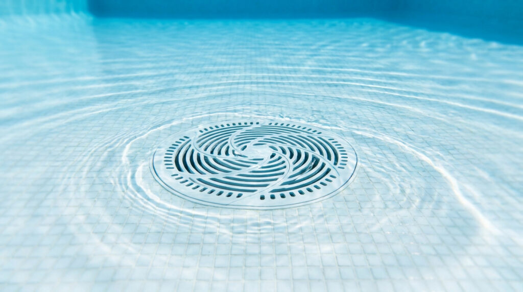 Bonde de fond circulaire blanche avec motifs en spirale au fond d'une piscine d'eau bleue claire, carrelage visible.