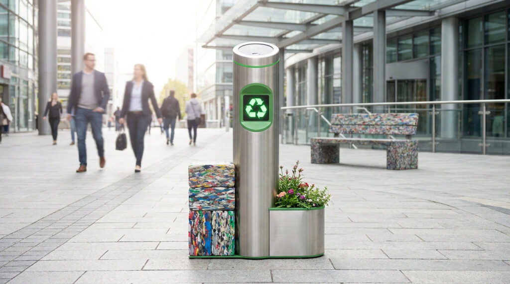 Un cendrier urbain en inox avec bac à fleurs et logo de recyclage, situé dans une zone piétonne moderne.