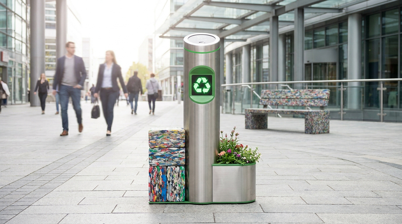Un cendrier urbain en inox avec bac à fleurs et logo de recyclage, situé dans une zone piétonne moderne.