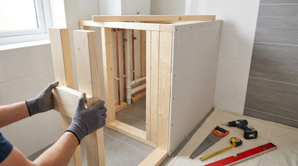 Mains gantées construisant un coffrage bois devant des tuyaux apparents, avec une plaque de placo et des outils au sol.
