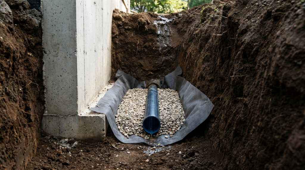 Tranchée excavée le long d'une fondation en béton avec un drain perforé installé sur un lit de gravier et géotextile.