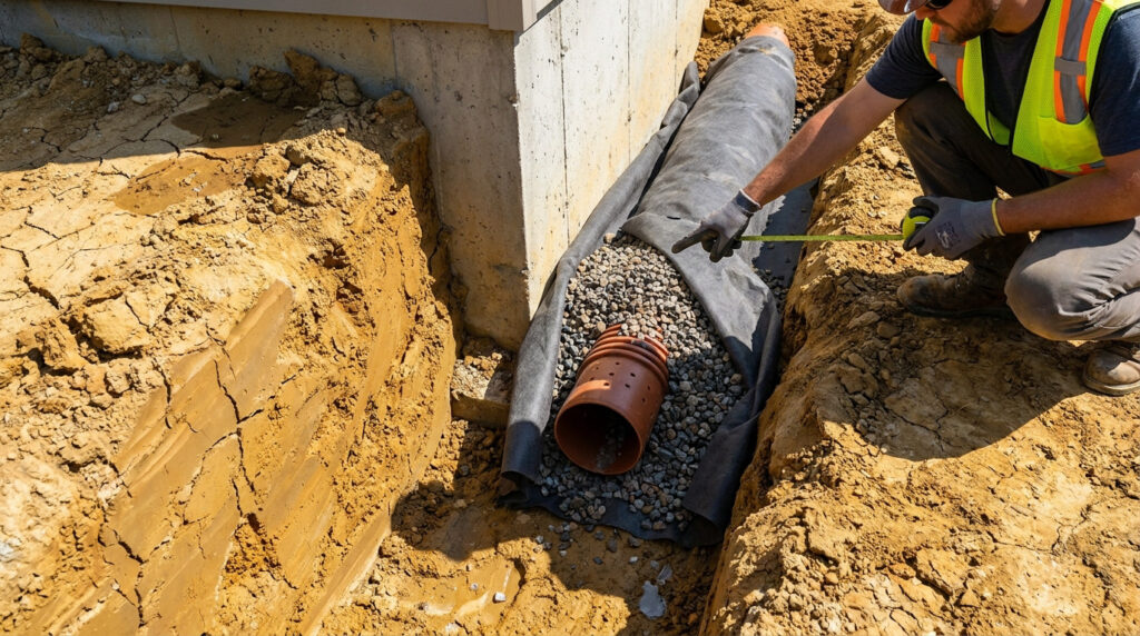 Ouvrier mesurant l'installation d'un drain de fondation avec tuyau perforé, gravier et géotextile dans une tranchée argileuse.
