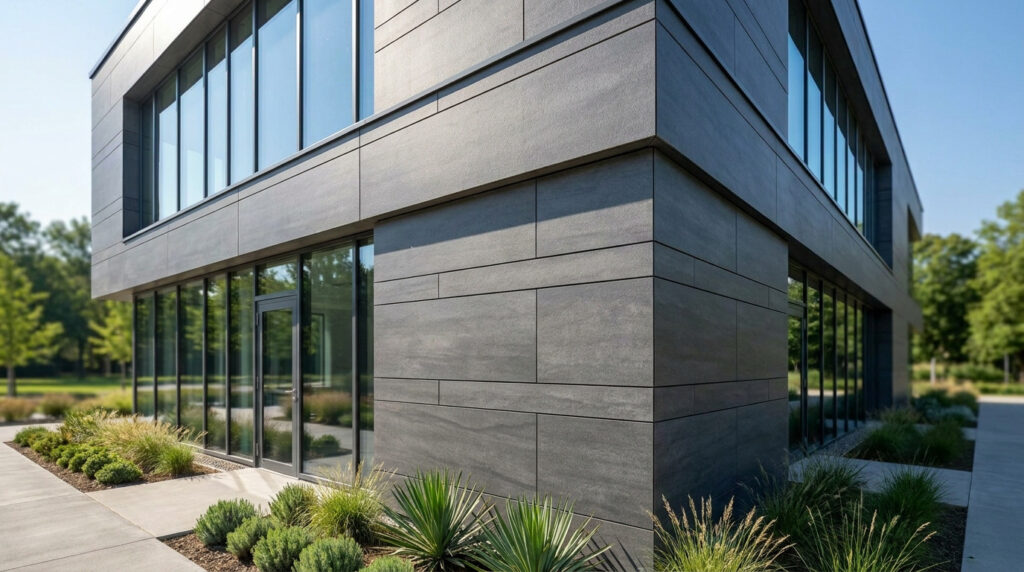 Façade d'un bâtiment moderne revêtue de bardage composite gris foncé et de grandes fenêtres, entourée de verdure.