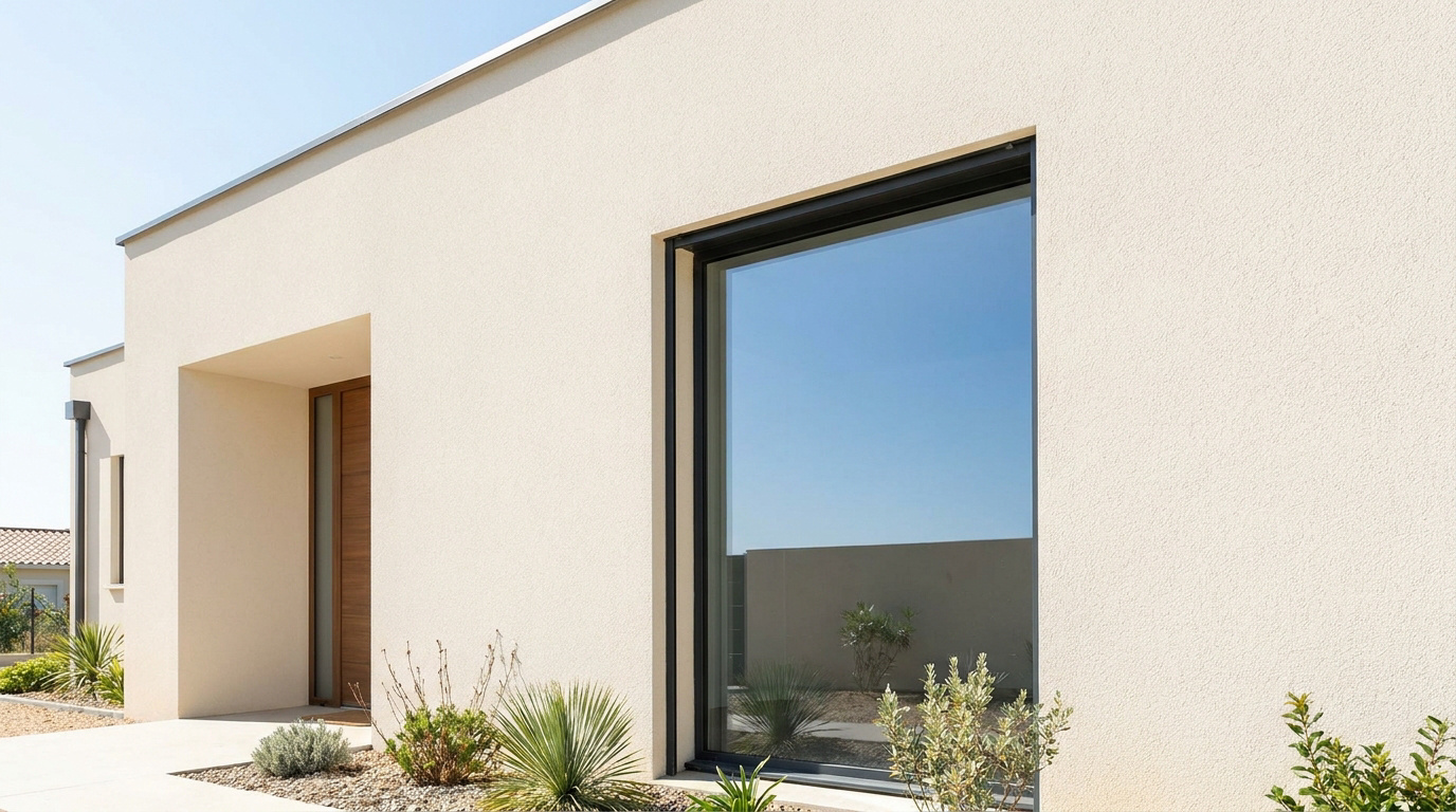 Façade de maison moderne en crépi beige clair, avec une grande baie vitrée reflétant le ciel bleu et une entrée en bois.