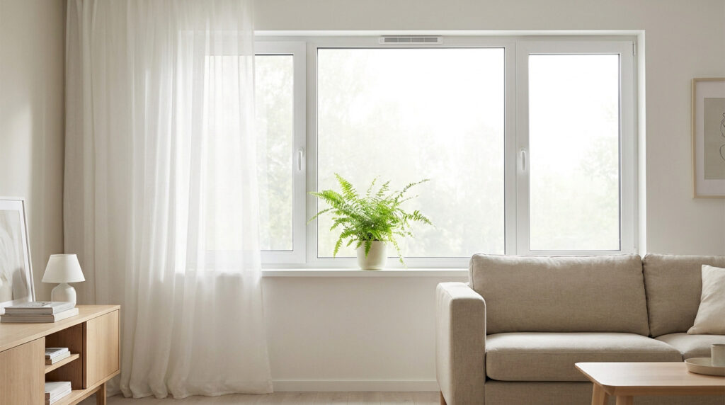 Fenêtre PVC avec une grille d'entrée d'air installée sur le dormant dans un salon lumineux avec un canapé.