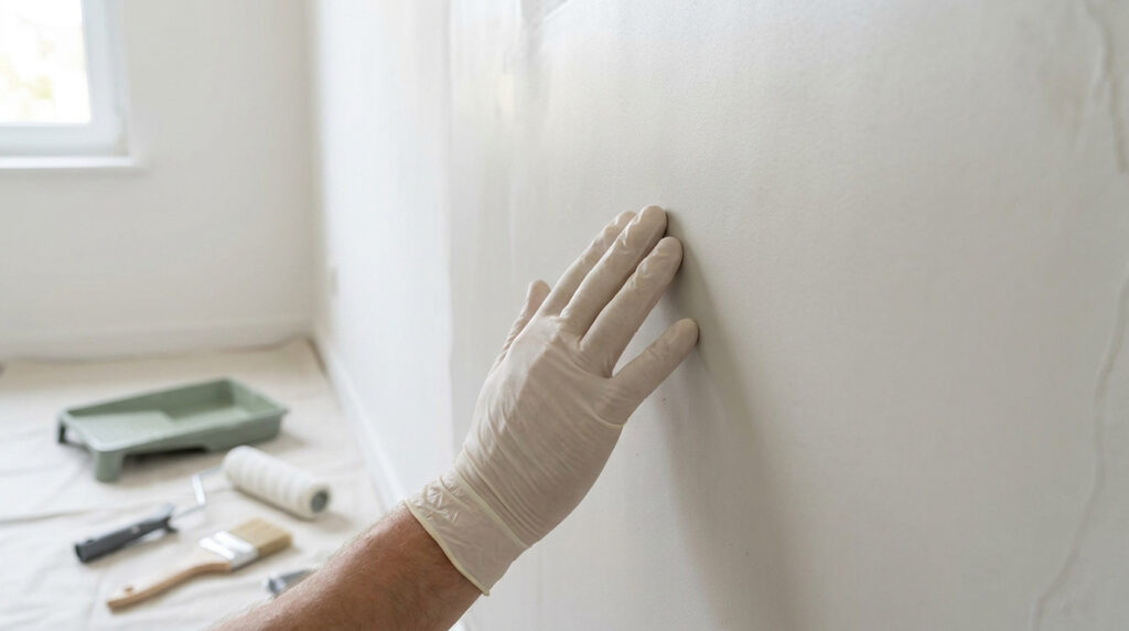 Une main gantée touche un mur enduit, vérifiant son séchage. Outils de peinture (rouleau, bac) et fenêtre visibles en arrière-plan.