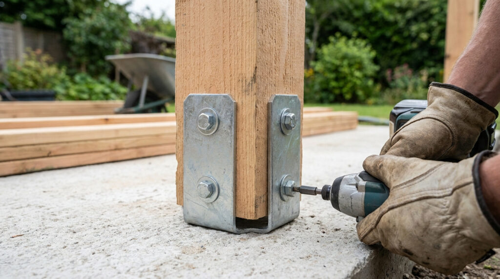 Ouvrier utilisant une visseuse pour fixer un poteau en bois sur un support métallique ancré dans une dalle en béton.
