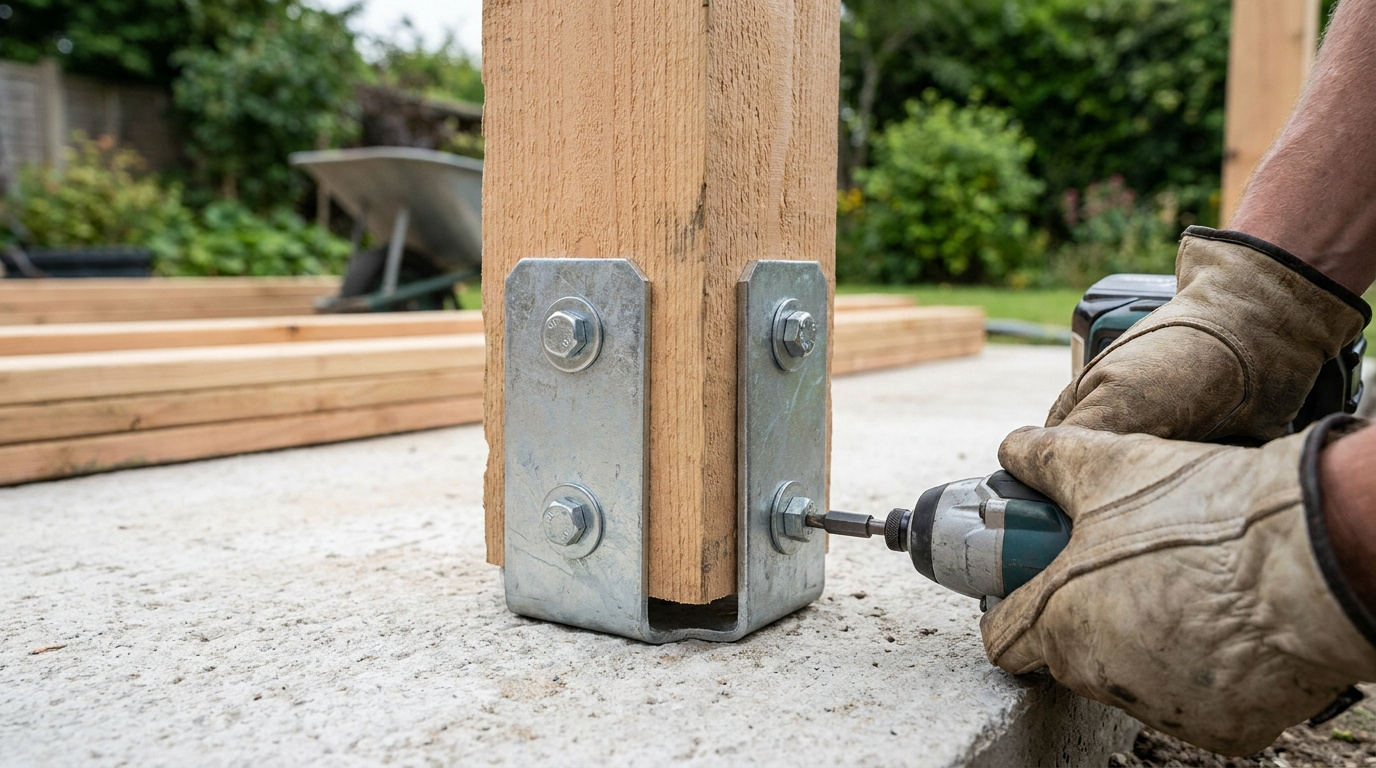 Ouvrier utilisant une visseuse pour fixer un poteau en bois sur un support métallique ancré dans une dalle en béton.