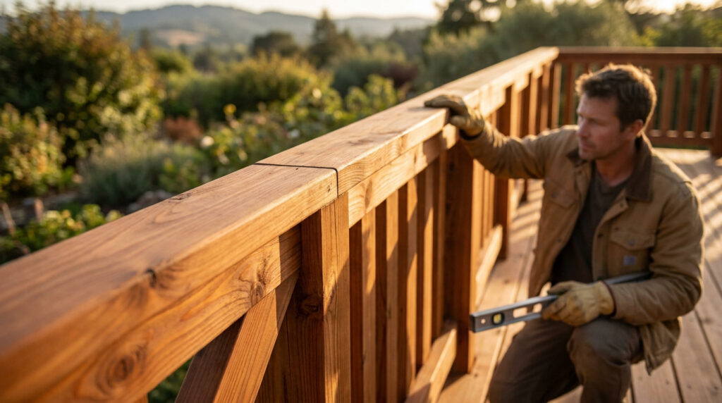 Un homme vérifie l'aplomb d'une rambarde en bois sur une terrasse avec un niveau à bulle au coucher du soleil.