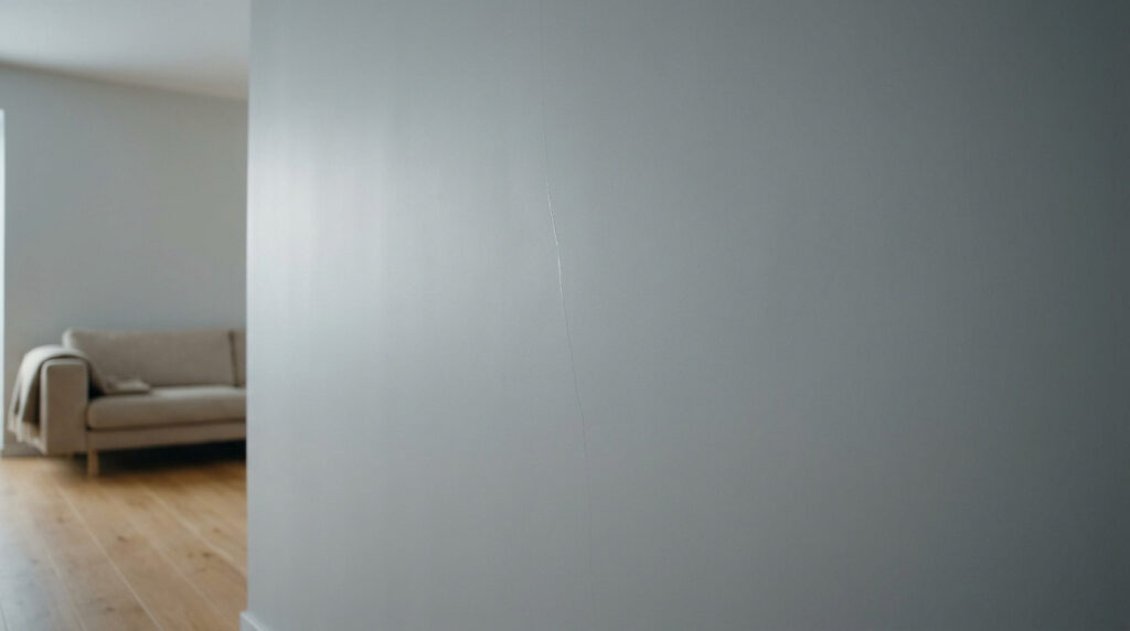 Une fine fissure verticale sur un mur gris lisse, avec un salon flou en arrière-plan.