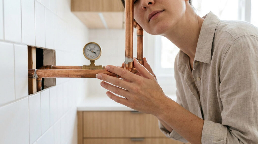 Femme penchée, touchant des tuyaux en cuivre avec manomètre, inspectant une canalisation qui siffle dans une cuisine moderne.