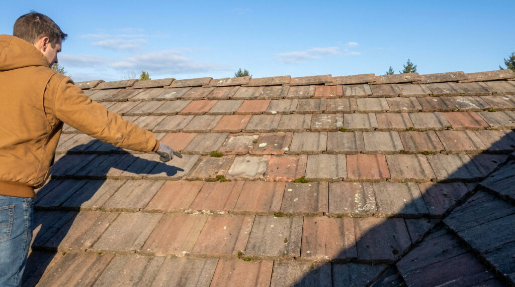 Un homme en veste marron inspecte une toiture en tuiles béton vieillissantes montrant des signes de mousse et d'usure.