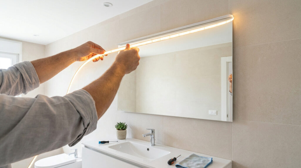 Mains installant une bande lumineuse LED au-dessus d'un miroir de salle de bain moderne. Un lavabo et des outils sont visibles.