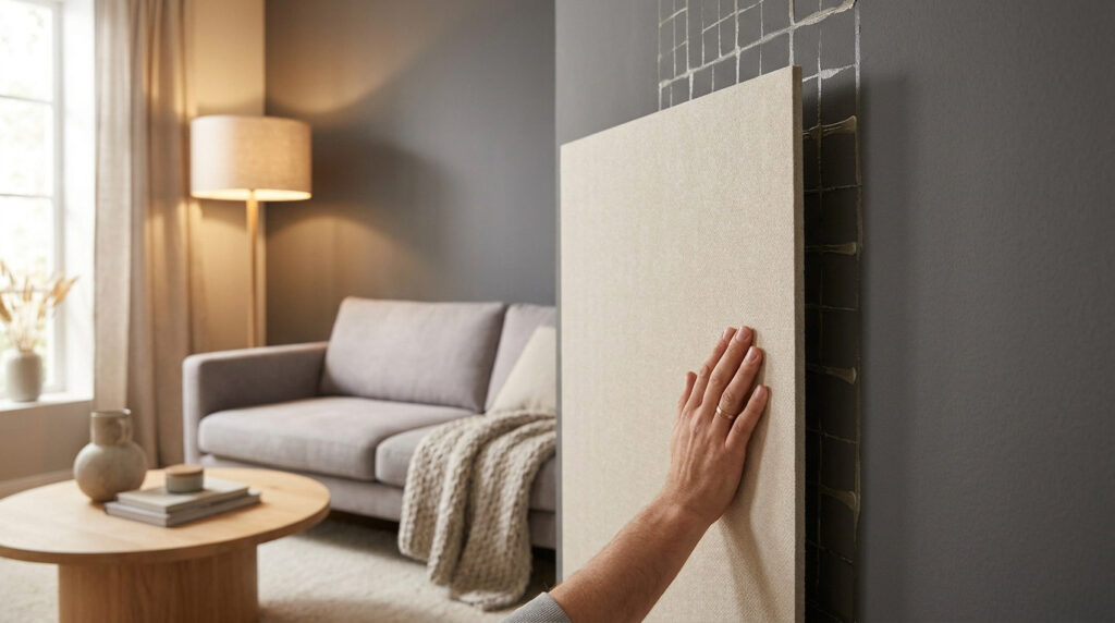 Une main pose un panneau isolant beige contre un mur gris dans un salon moderne.