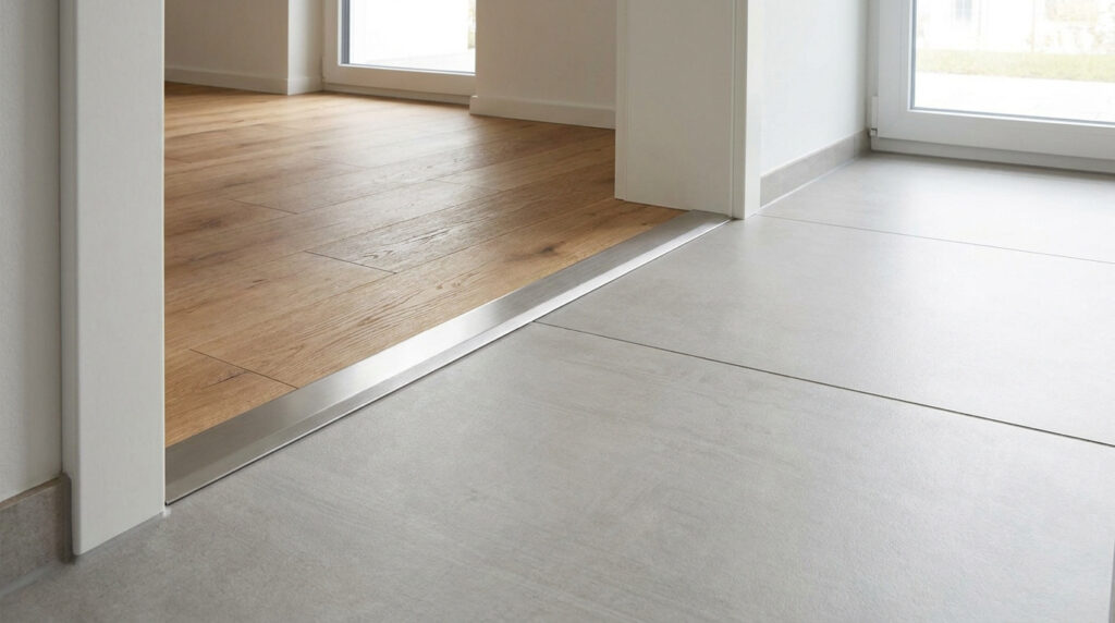 Jonction en métal entre un sol en carrelage gris et un parquet en bois clair dans une maison moderne.