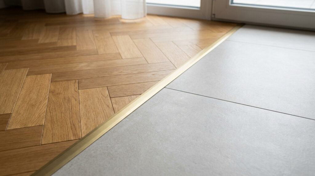 Jonction entre un parquet en chevrons et un carrelage gris clair avec une barre de seuil en laiton.