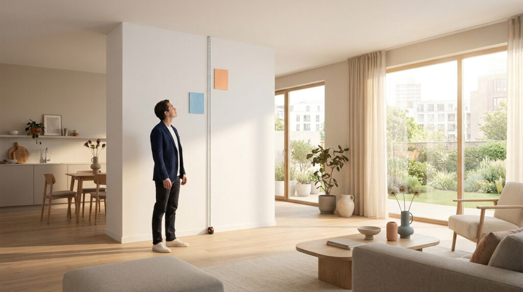 Un homme en costume mesure la hauteur d'un mur blanc dans un salon moderne et lumineux.