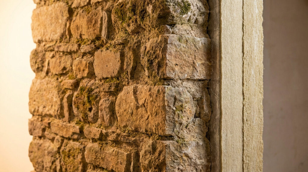 Vue détaillée d'un mur en pierre épais et de l'isolation thermique en laine minérale ajoutée pour la rénovation.