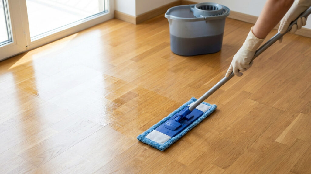 Une personne portant des gants nettoie un parquet en bois clair avec un balai à plat bleu et un seau à proximité.