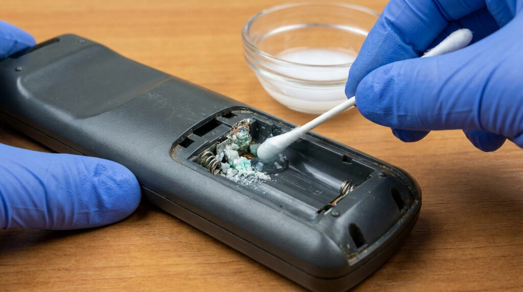 Une personne avec des gants bleus nettoie la corrosion d'une télécommande avec un coton-tige imbibé de vinaigre.