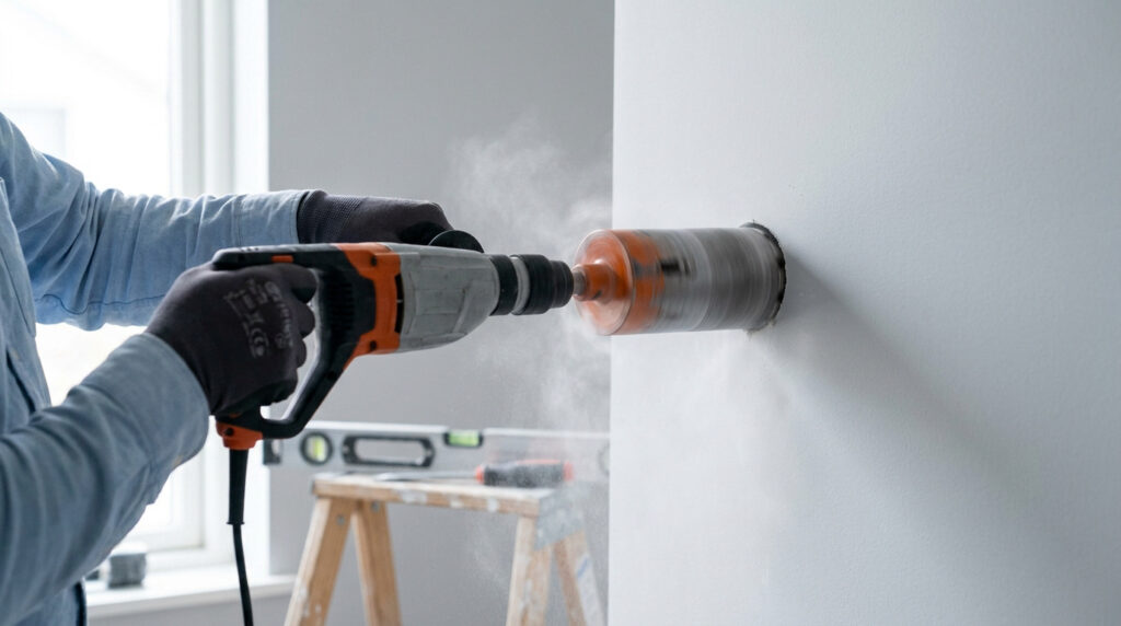Un ouvrier utilise une carotteuse électrique pour percer un trou circulaire dans un mur blanc, dégageant de la poussière.