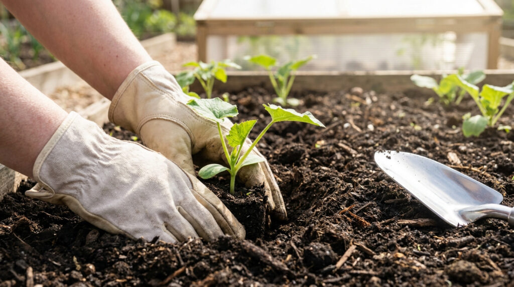 Une personne portant des gants de jardinage plante un jeune plant de butternut dans la terre d'un potager.