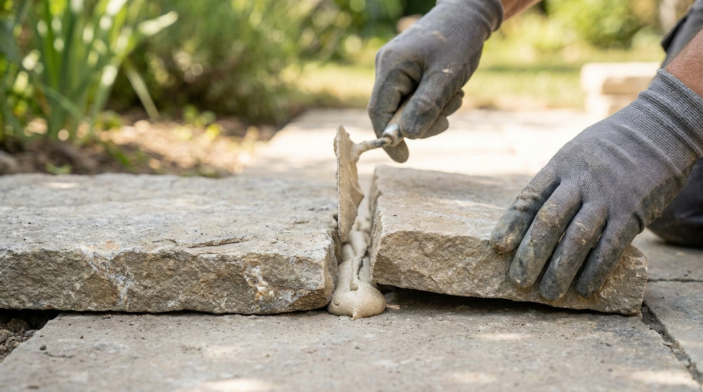 Mains gantées appliquant du mortier entre deux pierres de pavage à l'aide d'une truelle dans un jardin.