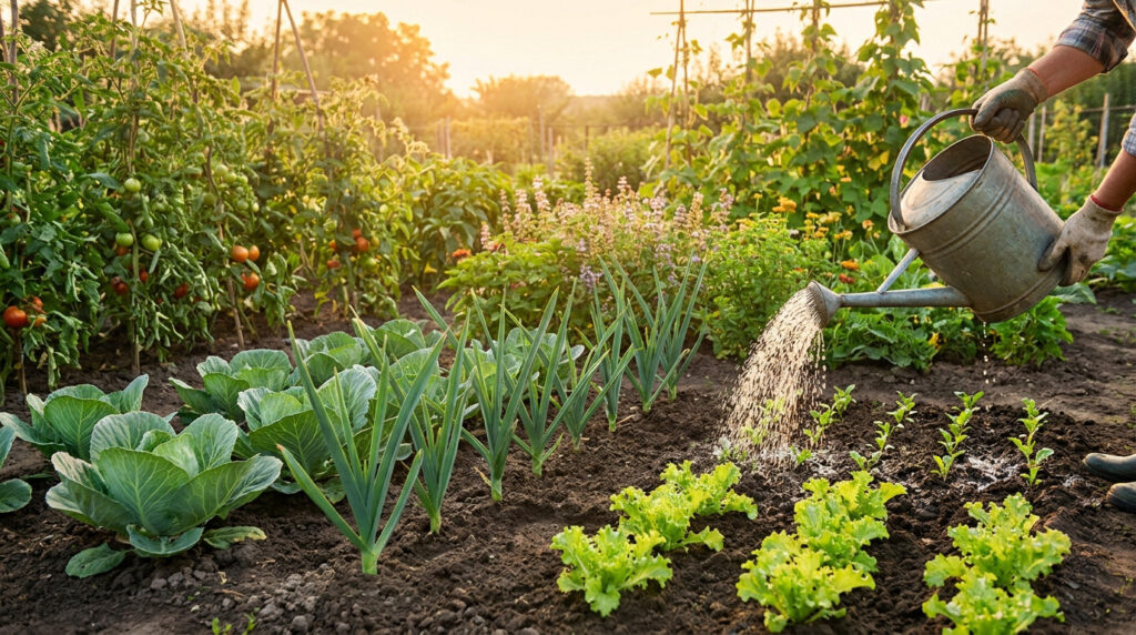 Une personne arrose ses jeunes plants au potager sous la lumière dorée du soleil couchant.