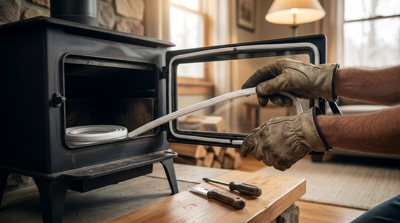 Mains gantées installant un nouveau joint blanc autour de la vitre ouverte d'un poêle à bois noir.