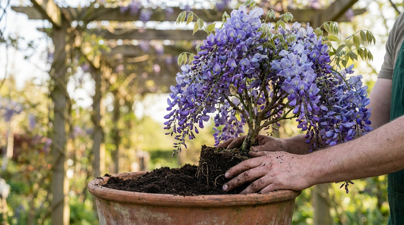 Un jardinier plante une glycine en fleurs dans un grand pot en terre cuite dans un jardin.