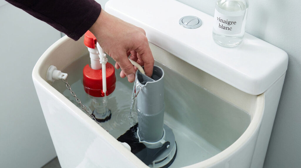 Une main ajuste le mécanisme interne d'un réservoir de toilettes ouvert avec une bouteille de vinaigre blanc à côté.