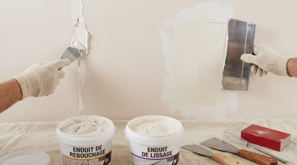 Des mains gantées appliquent de l'enduit de rebouchage dans une fissure et de l'enduit de lissage sur un mur, avec les pots d'enduit et des outils au sol.
