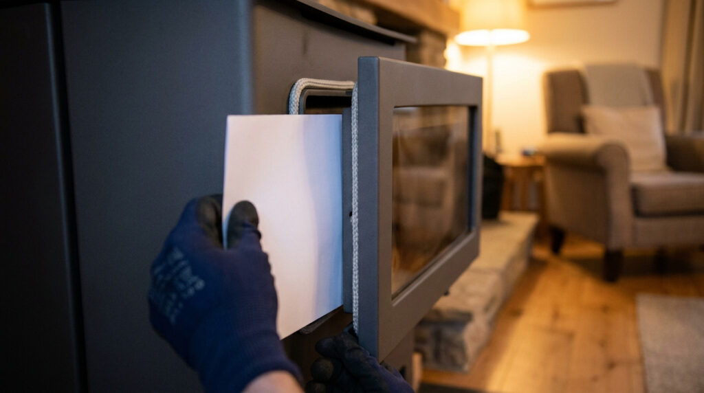 Mains gantées bleues installant ou vérifiant le joint tressé d'une porte de poêle à bois. Un salon confortable en arrière-plan.